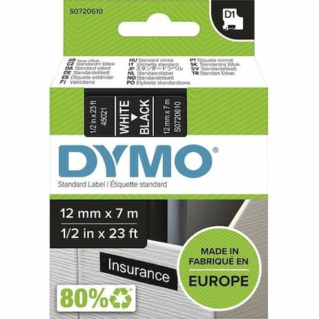 Dymo Label Tape, f/DYMO Labelmakers, 1/2inx23ft , White/Black DYMS0720610